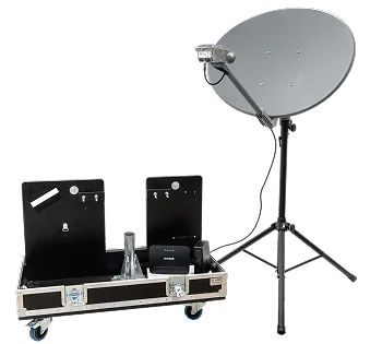 contenu de la neosat case vue de face avec la parabole montée sur le mât nomade